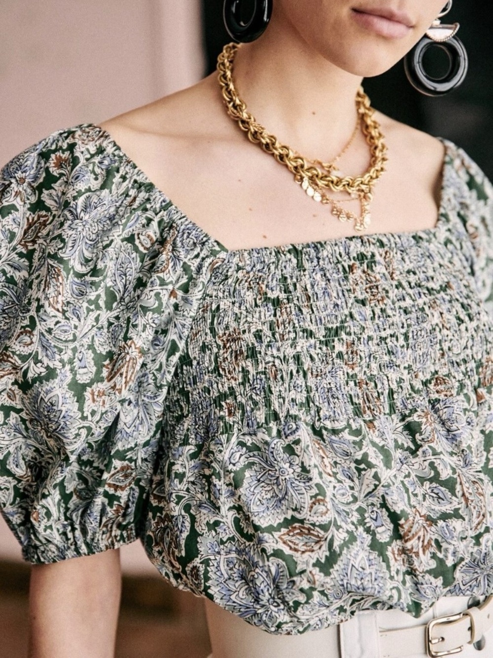 Sezane Luma Top Olive Green Floral Smocked Puff-Sleeve Top